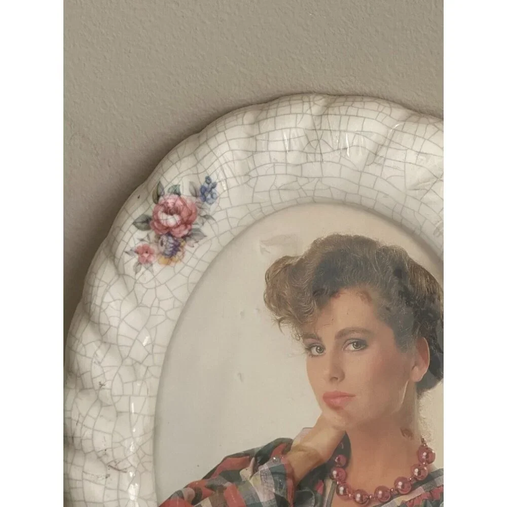 Vintage 90s Ceramic Crackle Glass Oval Picture Frame 5x7 Floral Cottagecore NEW!